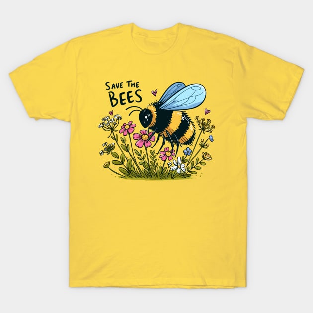 Save the Bees Bumblebee with wild flowers T-Shirt by PrintSoulDesigns